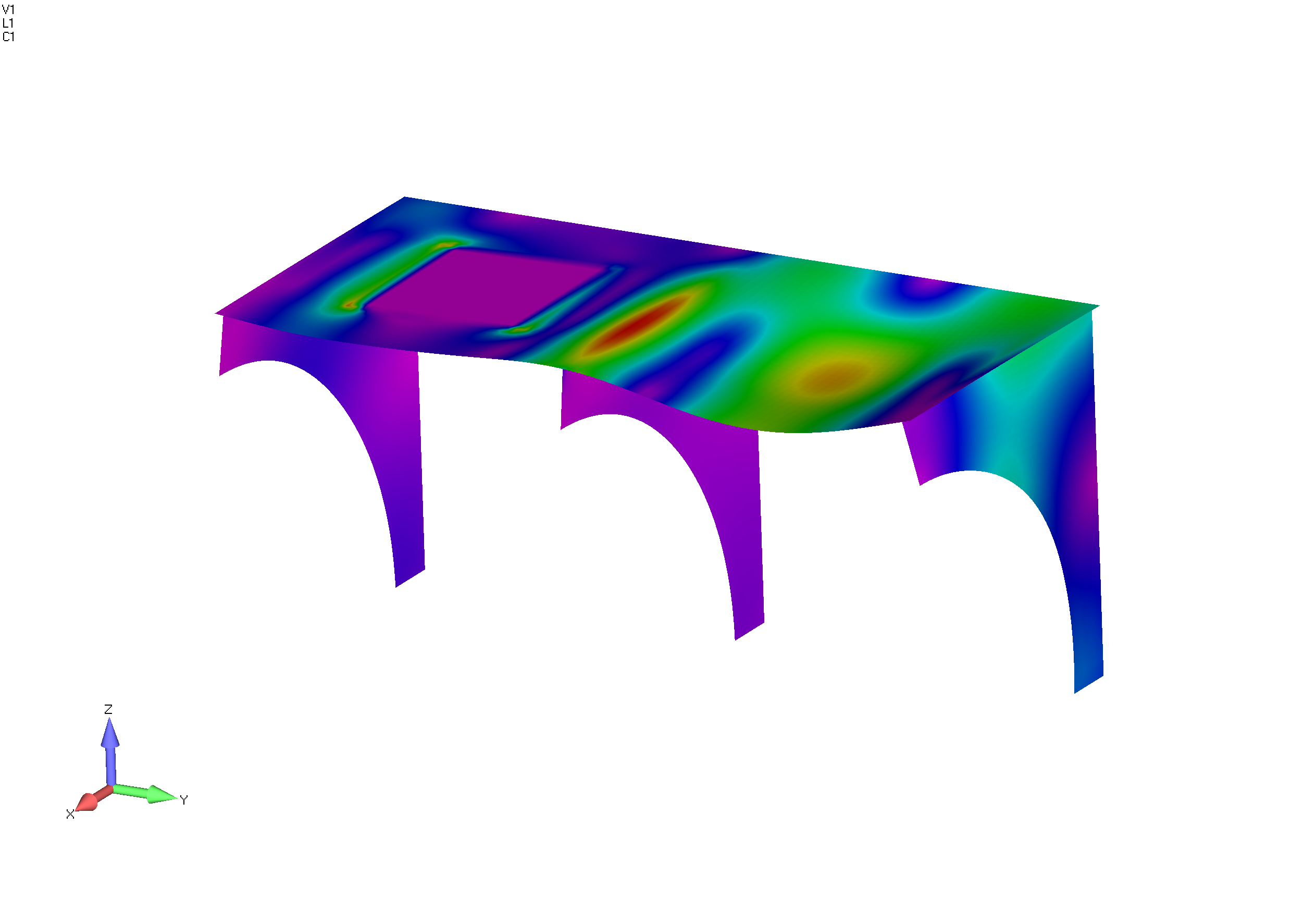 FEA shelf stress plot (von mises) shownig difference between RBE2 & RBE3 footprint